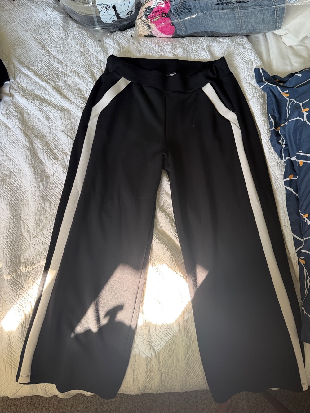SPANX Black Wide-Leg Track Pants with White Side Panels Tall